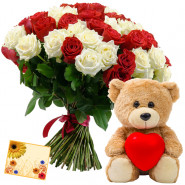 Red N Pink Bear - 12 Red & White Roses Bunch, Teddy 6 inch with Heart + Card