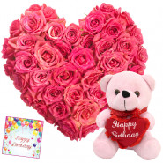 Pink Gift - 25 Pink Roses Heart Shaped + Pink Teddy 6' + Card