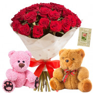 Teddy & Roses - 18 Red Roses Bouquet + 2 Teddy 6 inch + Card