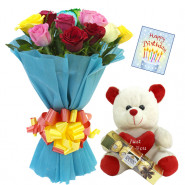 Cute Gift - 12 Mix Roses Bunch + Teddy with Heart 6" + Ferrero Rocher 4 pcs + Card