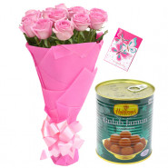 Pink Bunch N Sweets - 12 Pink Roses Bunch, Gulab Jamun 500 gms & Card