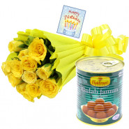 Pink Bunch Sweet Tin - 12 Yellow Roses Bunch, Gulab Jamun 500 gms & Card