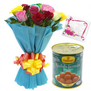 Mix Sweet Tin - 12 Mix Roses Bunch, Gulab Jamun 500 gms & Card