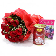 Red Flower Rasgulla - 12 Red Roses Bunch, Rasgulla 500 gms & Card