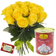Rose Rasgulla Bunch - 12 Yellow Roses Bunch, Rasgulla 500 gms & Card