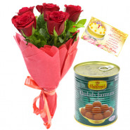 Red Seasonal Sweets - 10 Red Roses Bunch, Gulab Jamun 500 gms & Card
