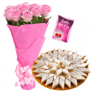 Pink Katli Combo - 12 Pink Roses Bunch, Kaju Katli 250 gms & Card