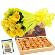 Stunning Choice - 15 Yellow Roses Bouquet + 250 Gms Motichur Ladoo + Card