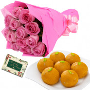 Pink Laddoo - 10 Pink Roses Bunch, Motichur Laddoo 250 gms & Card