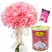 Bunch of Sweets - 10 Pink Carnation Bunch, Rasgulla 500 gms & Card