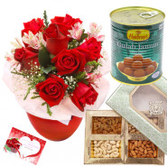 Seasonal Gulla Assortment - 8 Red Roses Vase, Gulab Jamun 500 gms, Assorted Dry fruits Box 200 gms & Card