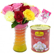 Rose N Rasgulla - 12 Multi Color Roses in Vase, Rasgullas 500 Gms & Card