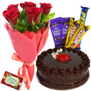 Flower N Cake Bonanza - 10 Red Roses Bunch, 1/2 KG Cake, 5 Assorted Bars + card