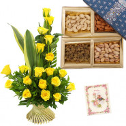 Roses with Dryfruits - 15 Yellow Roses in Basket, Assorted Dryfruit Box 200 gms & Card