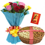Big Dryfruit Treat - Bunch of 12 Mix Roses, Assorted Dryfruits Basket 200 gms & Card