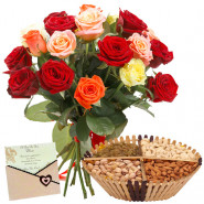 Happiness Enclosed - Bunch of 10 Mix Roses, Assorted Dryfruits in Basket 200 gms & Card