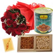 Sweetly, Healthy N Fragrant - 12 Red Roses, Cashew Almond Box 200 gms, Haldiram Gulab Jamun 500 gms & Card