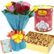 Color Full Dryfruit - 12 Mix Roses, Almond Box 200 gms, Haldiram Rasgulla 500 gms & Card