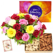Flowers Celebration - Basket of 15 Mix Roses, Cashew and Almond 200 gms, Cadbury Celebrations 118 gms & Card