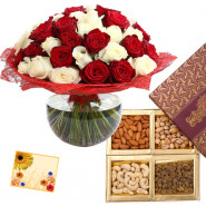 The Graciour Gift - 10 Red & White Roses Vase, Assorted Dryfruits 200 gms & Card