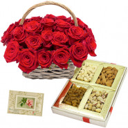 Exotic Rose Basket - 20 Red Roses Basket, Assorted Dryfruits in Box 200 gms & Card