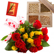 A Lovely Combo - Bunch of 15 Red & Yellow Roses, Assorted Dryfruits in Box 200 gms & Card