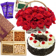 Present for You - Basket of 15 Red Roses, Assorted Dryfruits in Box 200 gms, Black Forest Cake 1/2 kg, 2 Dairy Milk & Card
