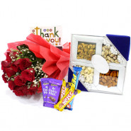 Perfect Ways - Bunch of 15 Red Roses, Assorted Dryfruits in Box 200 gms, 5 Assorted Bars & Card