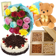Innocence Love - Bouquet of 12 Mix Roses, Assorted Dryfruits in Box 200 gms, Teddy 6 inch, Black Forest Cake 1/2 kg & Card