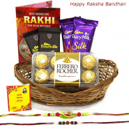 Rakhi Ferrero - Ferrero Rocher 16 Pcs, 2 Dairy Milk Silk, 2 Bournville in Basket with 2 Rakhi and Roli-Chawal