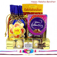 Mini Rakhi Treat - Ferrero Rocher 4 Pcs, Mini Celebrations, Potli (D) with 2 Rakhi and Roli-Chawal