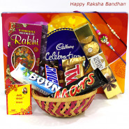 A lot for Rakhi - Celebrations, Ferrero Rocher 4 Pcs, Snicker, Mars, Twix, Bounty, Basket with 2 Rakhi and Roli-Chawal