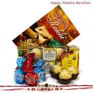 Golden Assortment - 2 Ferrero Rocher 4 Pcs, Assorted Truffle Chocolates 100 gms with 2 Rakhi and Roli-Chawal