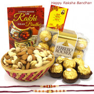 Sweet Sixteen - Ferrero Rocher 16 pcs, Assorted Dryfruits Basket with 2 Rakhi and Roli-Chawal