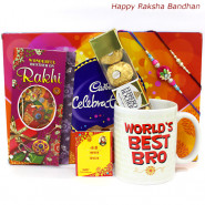 Golden Celebration - Celebrations, Ferrero Rocher 4 Pcs, World's Best Bro Personalized Mug with 2 Rakhi and Roli-Chawal