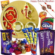 Handcrafted - 2 Dairy Milk Fruit & Nut, Dairy Milk Crackle, 3 Perk, Gems, Hand Made Chocolate 100 gms, Artistic Ganesha Thali with Golden Base with 2 Rakhi and Roli-Chawal