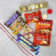 Made For You - Ferrero Rocher 4 pcs, 2 Five Star, 2 Perk, Snicker, 2 Chocopie, Designer Ganesha Thali with Pearls & Diamond with 2 Rakhi and Roli-Chawal
