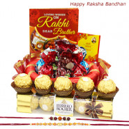Delicacy for Life - Ferrero Rocher 4 Pcs, Assorted Truffle Chocolates 100 gms, Decorative Thali with 2 Rakhi and Roli-Chawal
