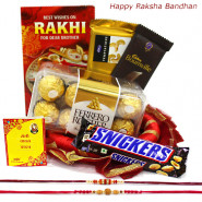 Golden Treat - Ferrero Rocher 16 Pcs, Temptations, Bourneville, Snickers, Decorative Thali with 2 Rakhi and Roli-Chawal
