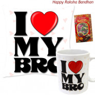 I Love My Bro Personalized Mug, I Love My Bro Personalized Cushion (Rakhi & Tika NOT Included)
