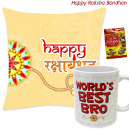 Happy Rakshabandhan Cushion, World's Best Bro Mug (Rakhi & Tika NOT Included)