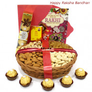 Assorted Basket - Assorted Dryfruits 400 gms in Basket, Ferrero Rocher 4 pcs with 2 Rakhi and Roli-Chawal