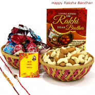 Kaju Badam Assortment - Cashewnuts and Almonds in Basket, Assorted Truffle Chocolates 100 gms in Basket with 2 Rakhi and Roli-Chawal