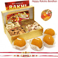 Assorted Boondi Treat - Assorted Dryfruits in Box, Kanpuri Boondi Laddoowith 2 Rakhi and Roli-Chawal