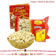 Kaju Papdi - Cashewnuts 100 gms Basket, Haldiram Soan Papdi with 2 Rakhi and Roli-Chawal