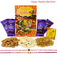 Healthy Treat - Almonds 100 gms, Cashews 100 gms, Raisins 100 gms, 4 Dairy Milk with 2 Rakhi and Roli-Chawal