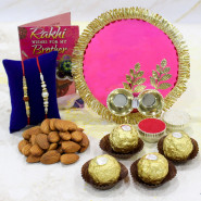 Ferrero Thali - Ferrero Rocher 4 Pcs, Almond, Stylish Pooja Thali with Golden Border with 2 Rakhi and Roli-Chawal