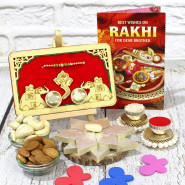 Kaju Thali - Kaju Katli, Almonds, Cashews, Lavish Gold & Maroon Base Ganesha Thali with Rakhi with 2 Rakhi and Roli-Chawal