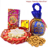Decorative Celebration - Almonds 100 gms in Potli (D), Kaju Katli, Decorative Thali with 2 Rakhi and Roli-Chawal