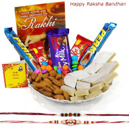 Awesome Treat - Kaju Katli, Almond 100 gms, Dairy Milk Fruit & Nut, 2 Perk, 2 Kit Kat, Gems with 2 Rakhi and Roli-Chawal